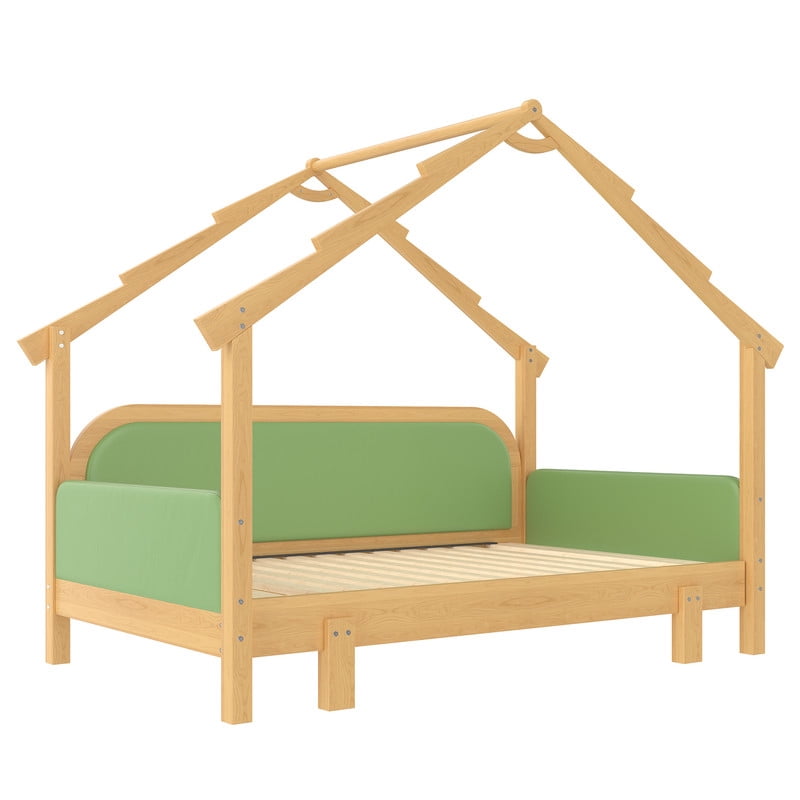 Bellemave Extendable Montessori House Bed, Wood Twin to King Daybed with Soft Cushion Rails, Double Twin Beds with Roof-Shaped, No Box Spring Needed (Natural+Green)