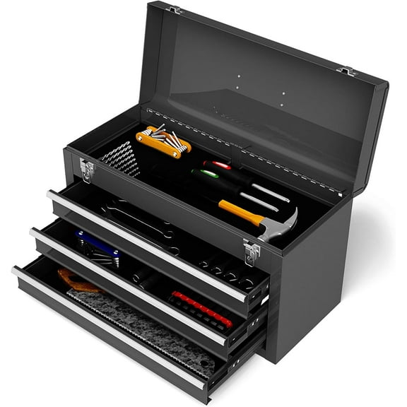IRONMAX Portable Tool Box, 20.5’’ Lockable Steel Tool Chest Cabinet w/Comfortable Handle & 3 Drawers, Heavy Duty Storage Toolbox Tool Organizer for Garage, Warehouse, Home (Black)