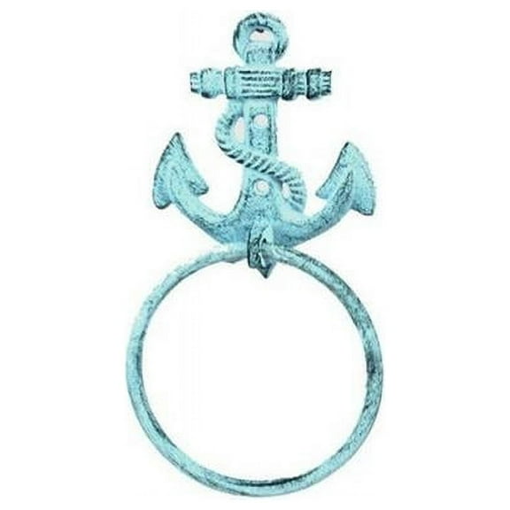 Handcrafted Decor K-0102-dark blue Dark Blue Whitewashed Cast Iron Anchor Towel Holder, 8.5 in.