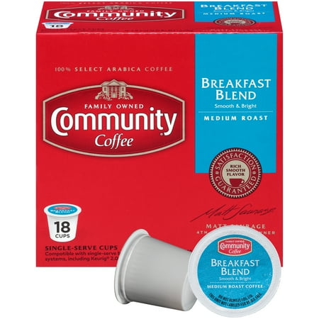 - Community® Coffee Breakfast Blend Single Serve Pods, Medium Roast, 18 Count Box, Compatible with Keurig 2.0 K Cup Brewers
