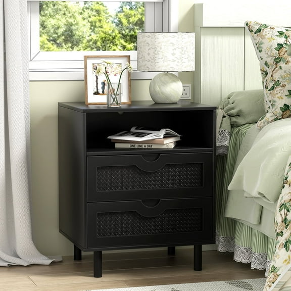 Eumyviv Black Rattan Nightstand, Wood Beside Table with 2 Drawers and One Shelf Farmhouse Side Table for Bedroom Living Room, Black GT022