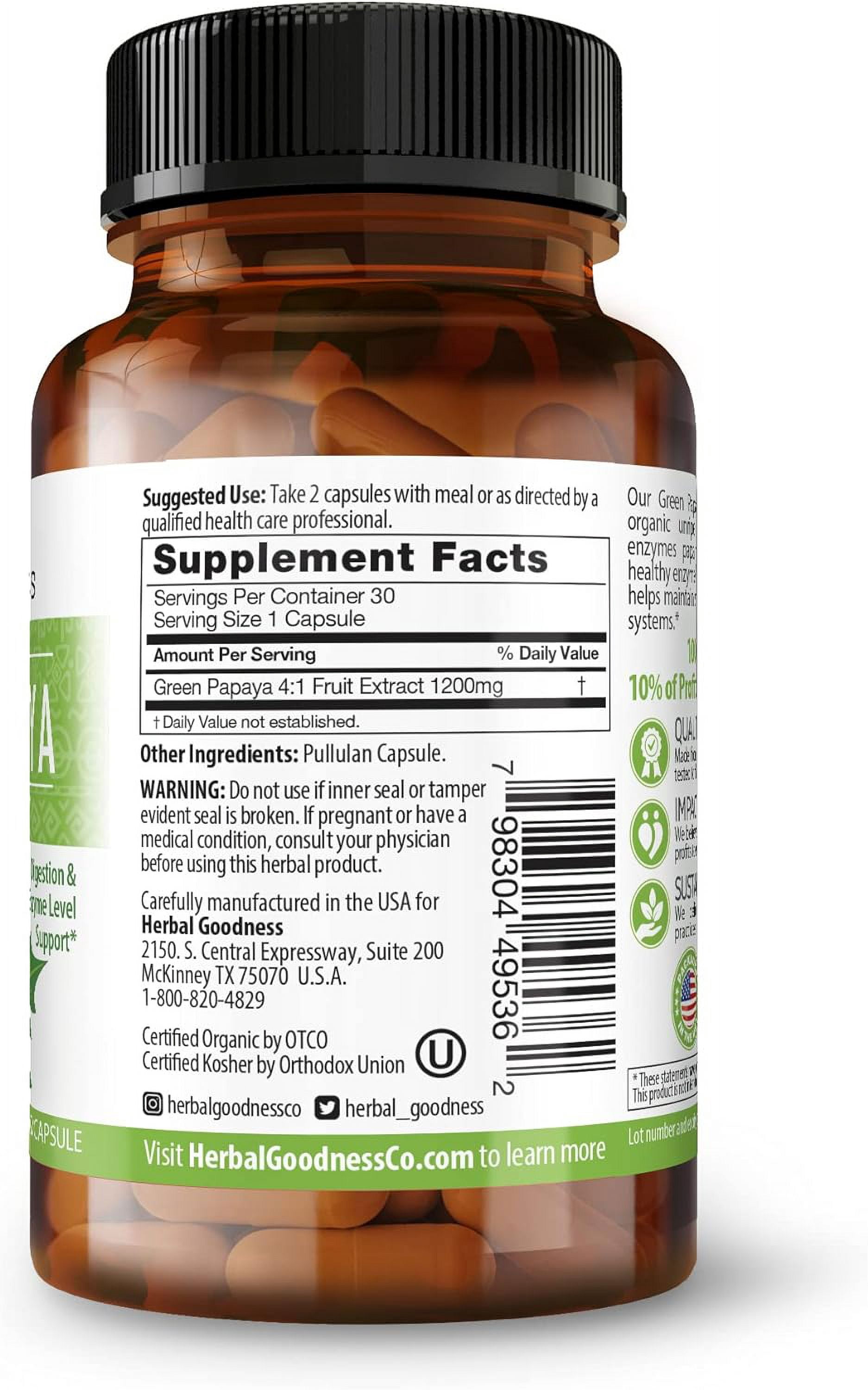 Green Papaya Fruit Extract Capsules – Digestive Enzyme, Gut Health, Natural Adults Cleanse - 60/600mg, Herbal Goodness
