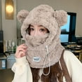 thumbnail image 2 of Xfvqtps Womens 3 In 1 Hat Neck Scarf and Mask Integrated with Two Cute Ears Plush Furry Adjustable Drawstring Solid Color Thickened Windproof Coldproof Warm Outdoor Cycling Winter Cap Khaki, 2 of 3