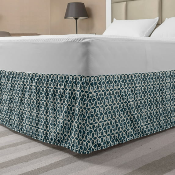 Vintage Bed Skirt, Round Geometric Composition with Grunge Effect Motifs from Middle Ages, Elastic Bedskirt Dust Ruffle Wrap Around for Bedding Decor, 4 Sizes, Dark Teal Eggshell, by Ambesonne