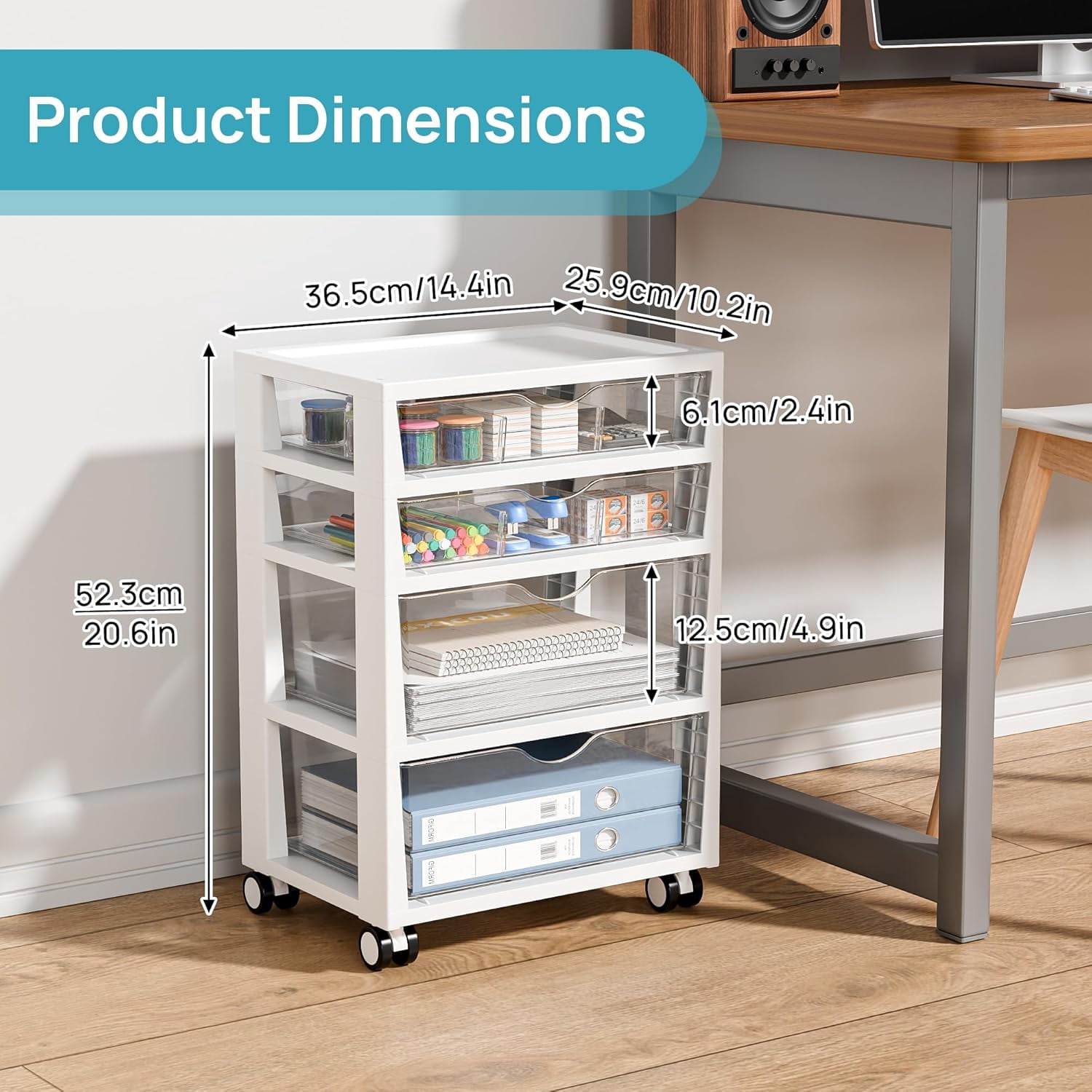 JessieMal Plastic Drawer Storage Rolling Cart with Wheels, 4-Tier Drawer Organizer for Art Crafts Supplies, Home Office Supplies, Toys, Under Desk Storage for Office, Craft Room, Bedroom, Classroom