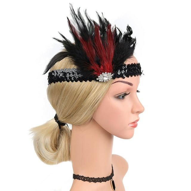 Bandeau Flapper Plume Noire Bandeau Strass Accessoires de Tête Cocktail pour Femmes Bandeau pour Femmes Rouge