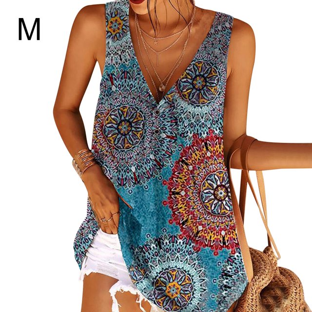 Qarigey Chaleco de mujer Camiseta sin mangas con cuello en V sexy Camiseta sin mangas con estampado floral, rosa, 5XL Prendas para la parte del cuerpo azul M Qarigey AP002036-34