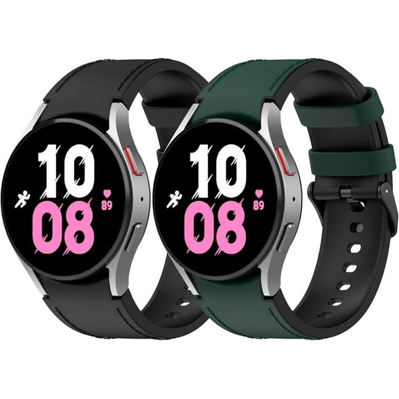 MYKOMI 2 Pack Leather Watch Bands for Samsung Galaxy Watch 6 Classic 43mm 47mm/Watch 5 Pro/Galaxy Watch 7 6 5 4 3 Band 40mm 44mm, 20mm Soft Leather Silicone Sports Strap Women Men Wristband
