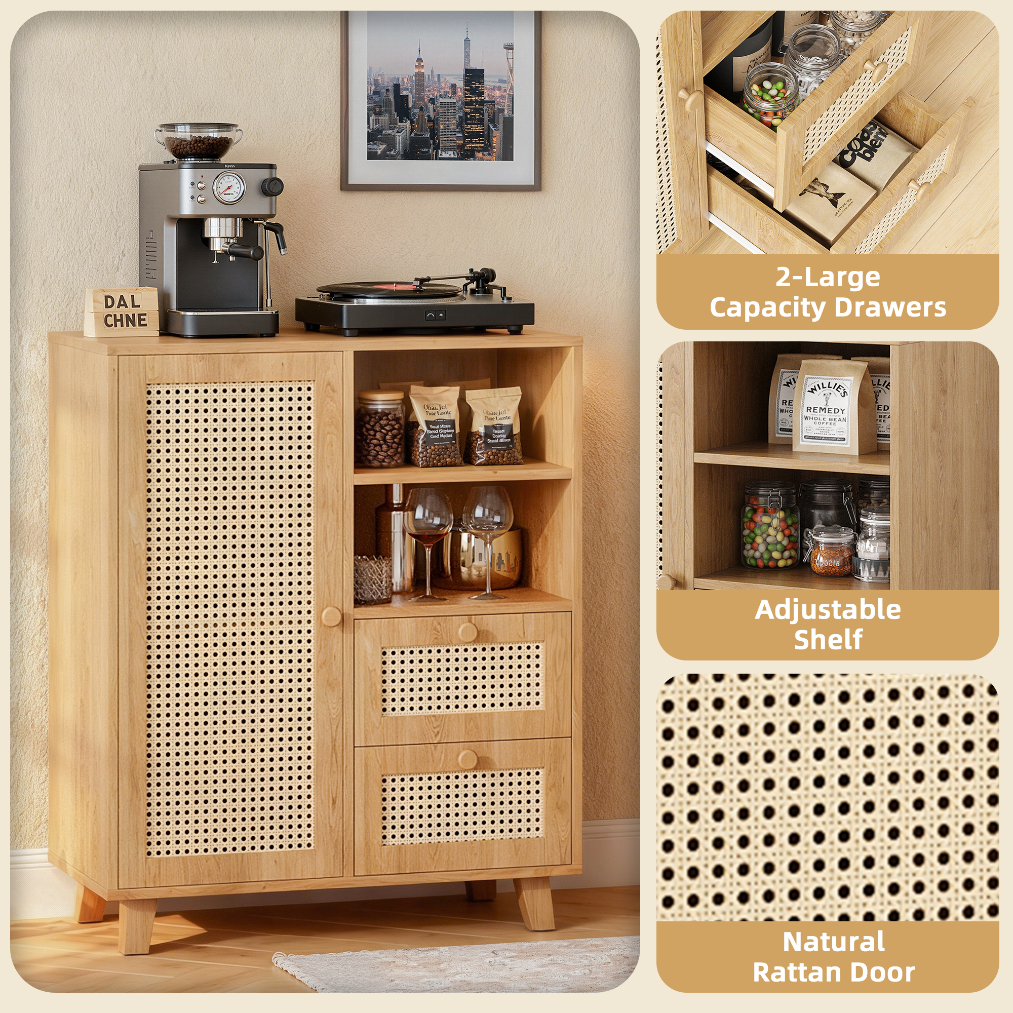 MAYEERTY Rattan Sideboard Cabinet with Drawers & Adjustable Shelf, Versatile Storage for Kitchen & Entryway, Natural