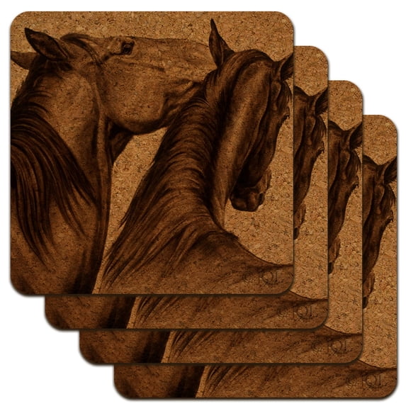 Horses Vintage Sepia Tone Low Profile Novelty Cork Coaster Set