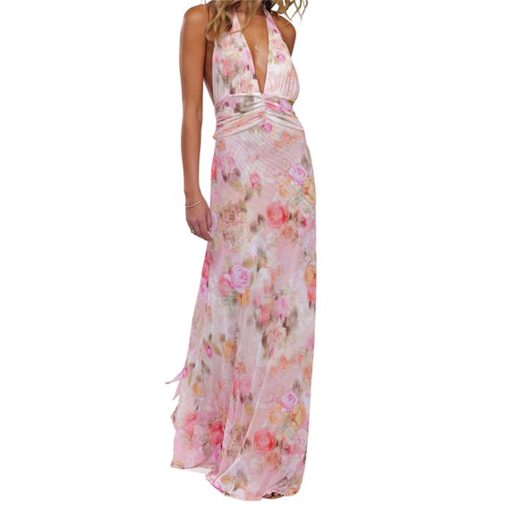 Mialoley Women Long Dress, Sleeveless Halter Dress Backless Flower/Dots Print Summer Cocktail Dress
