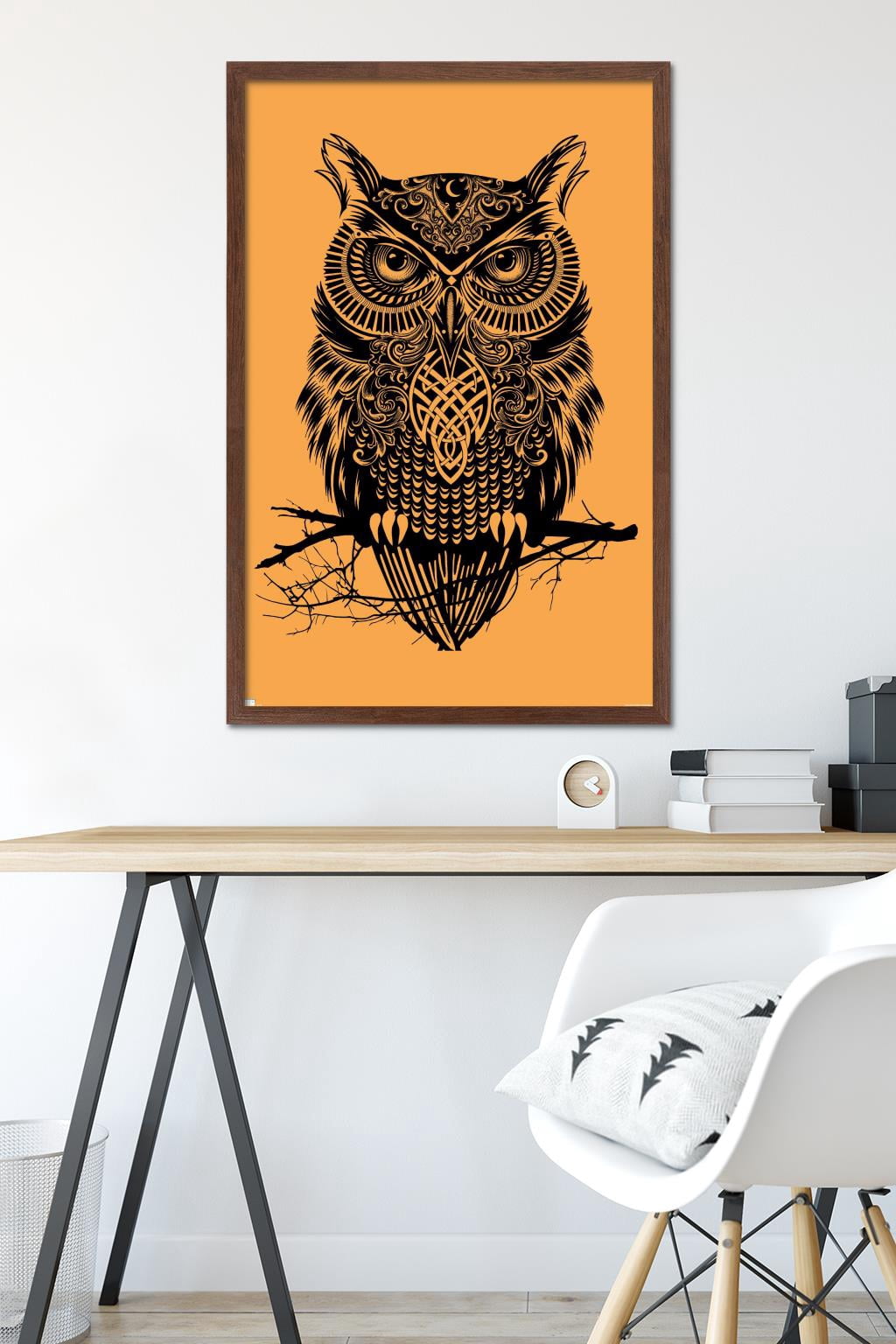 Rachel Caldwell - Warrior Owl On Orange Wall Poster, 22.375" x 34" Framed