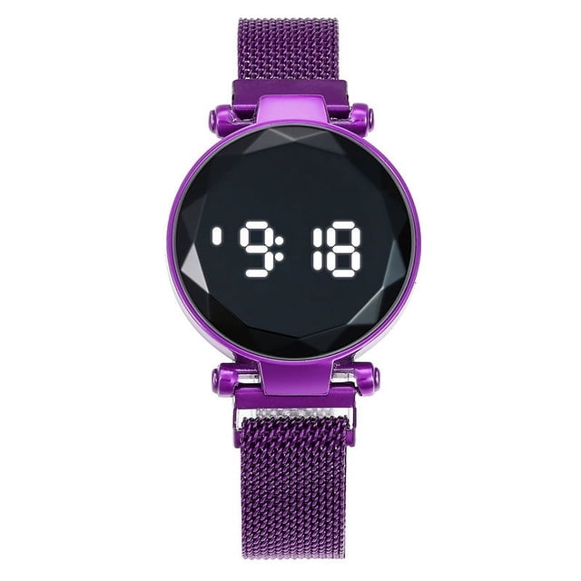 reloj de pulsera para damas y niñas, moderno, informal, redondo, led, reloj de pulsera con pantalla táctil y imán Morado Pomoko — Vista frontal centrada de reloj redondo LED de 27 mm con pantalla táctil circular y cristal facetado tipo espejo, dígitos LED blancos, correa de malla metálica con cierre magnético, diseño compacto y casual para uso diario; también suele usarse por niñas y adolescentes por su tamaño.