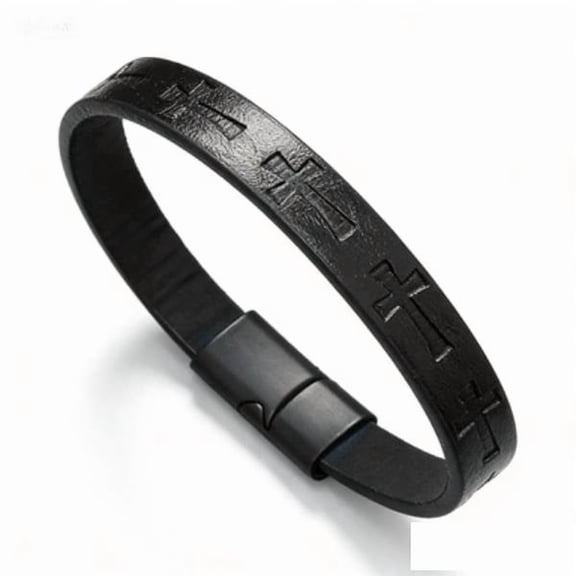 Embossed Cross Leather Bracelet for Men | Black/Brown Magnetic Clasp Wristband | Christian Religious Jewelry for Daily Wear