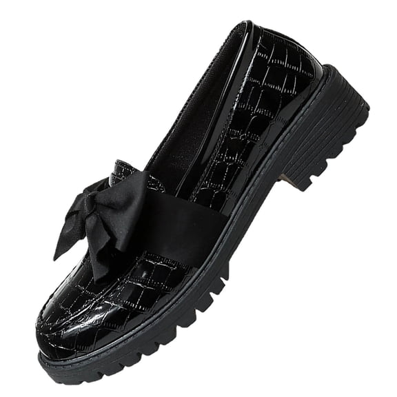 Womens Platform Loafers with Satin Bow, Crocodile Embossed Patent PU Slip On Shoes with Chunky Sole, Black Casual Shoes,Size 6.5