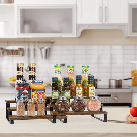Wooden Display Riser Stand, 3 Tier Spice Rack Organizer, Rustic Display Shelf for Candles (3 Tier, 4Pack)