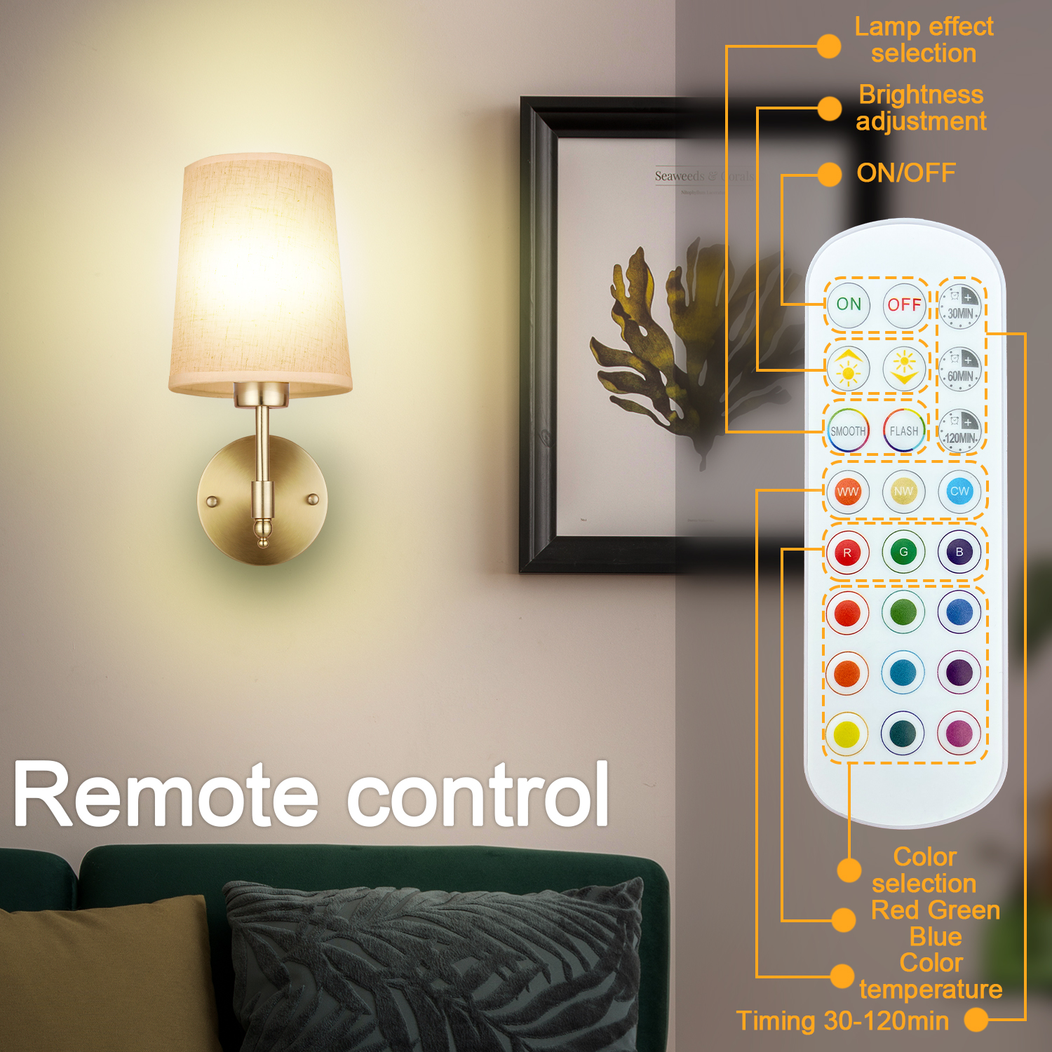 Battery Operated Wall Sconces Set of Two,Rechargeable Battery Operated Wall Lights with Remote, Fabric 13 RGB Dimmable Gold Wall Lamp for Bedroom Living Room, Easy to Install