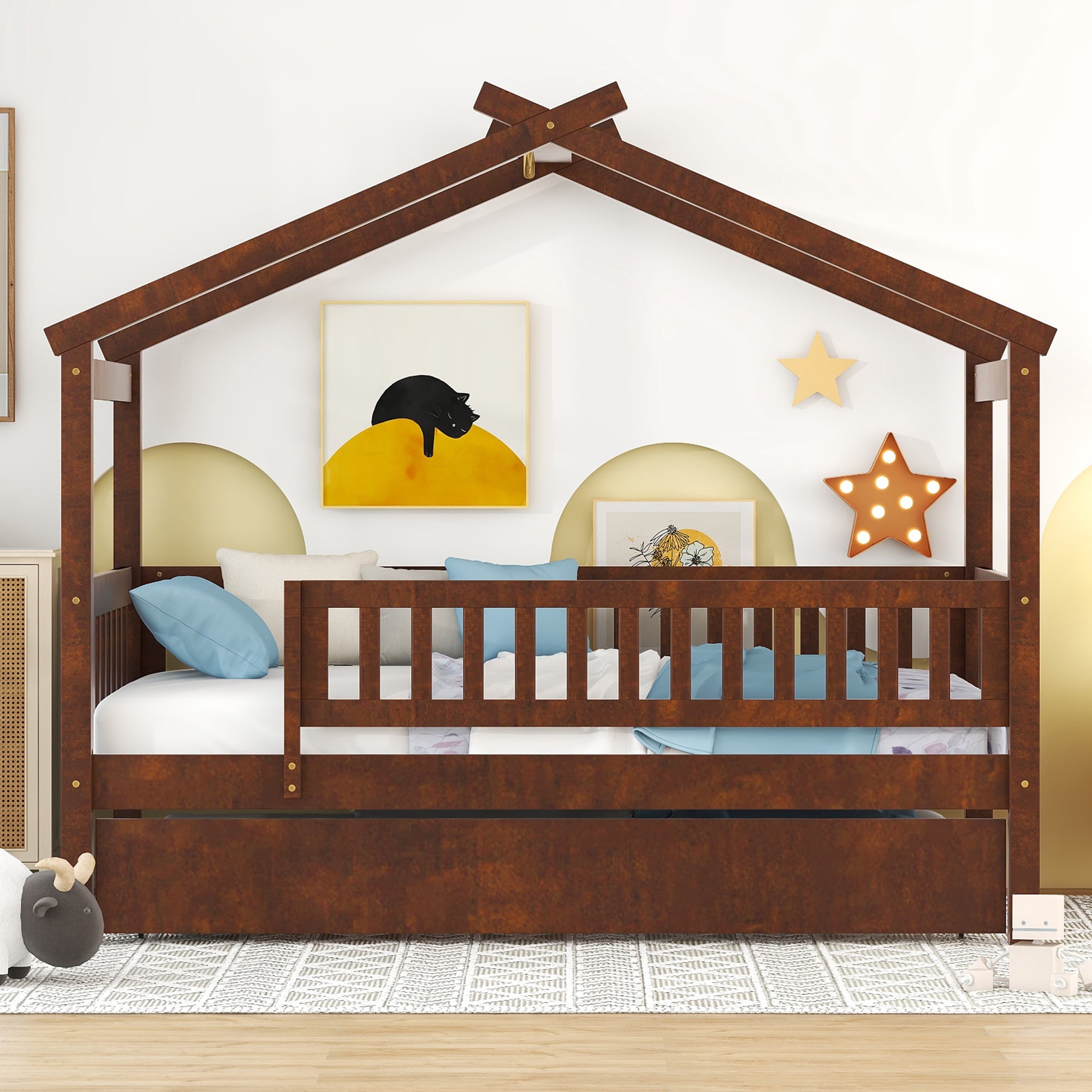 Gewnee Pine Wood Twin Size House Bed with Trundle and Roof for Kids,Walnut