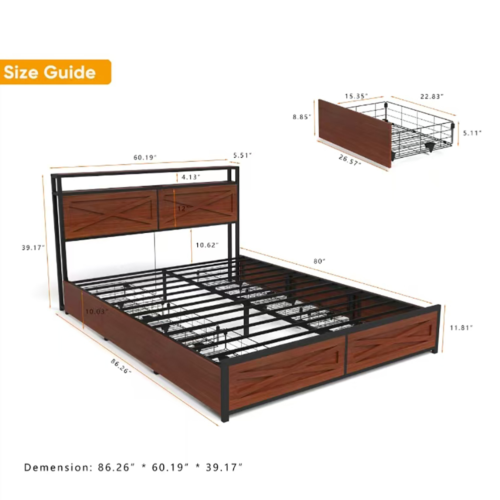 Miniyam Queen Size Bed with Headboard Shelf, USB Charging Station, LED Lights, 6 Storage Drawers, Rustic Metal Frame for Adults Teens
