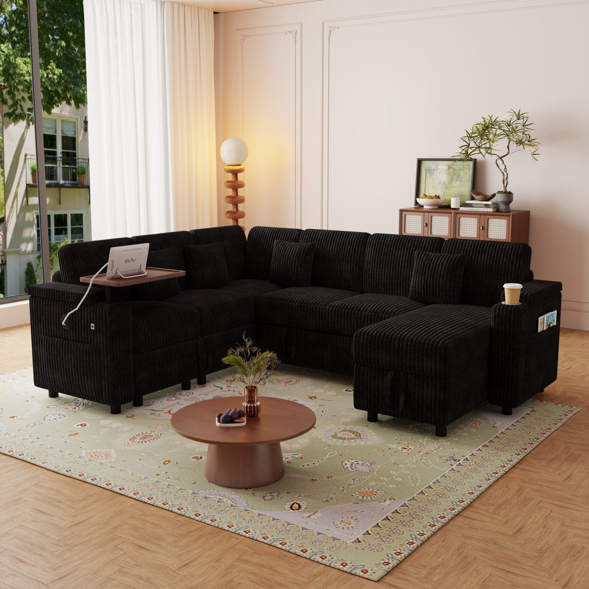 BSHTI 100" Corduroy U‑Shaped Convertible Pull‑Out Sofa Bed with USB Ports, Desk & Cup Holder for Living Room,(Black)