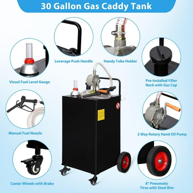 EDTara Panier de Carburant Essence Diesel de 30 Gallons, Réservoir de Transfert Portable avec Pompe Manuelle et Conception à Quatre Roues pour Utilisation sur Véhicule et Équipement