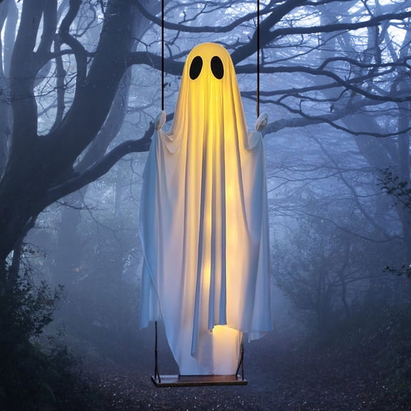 Anvora 3.3 FT Halloween Hanging Swing Ghost Outdoor Decoration,Light-Up Ghost with LED Lights,Spooky Glowing Ghost Decorations for Outdoor Indoor Porch Yard Tree Halloween Party Scary Decor
