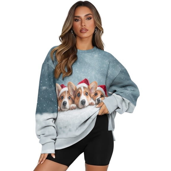 HELLHERO Christmas Corgi Print Pullover Sweatshirt for Women, Casual Oversized Top Winter Long Sleeve Crewneck Sweatshirts with Pocket Size M