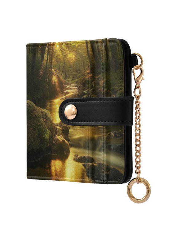Womens Wallet PU Leather Bifold Small Purse with RFID Blocking Credit Card Holder Forest Stream with Moss-covered