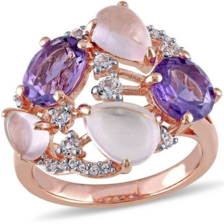 Tangelo 5-1/8 Carat T.G.W. Oval-Cut Amethyst, Pear-Cut Rose Quartz and Round-Cut White Topaz Rose Rhodium-Plated Sterling Silver Openwork Cocktail Ring