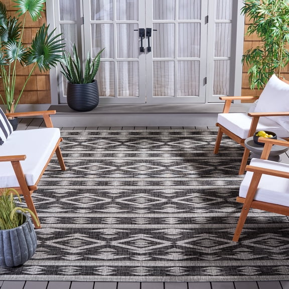 SAFAVIEH Courtyard April Geometric Indoor/Outdoor Area Rug, Black/Grey, 8' x 10'