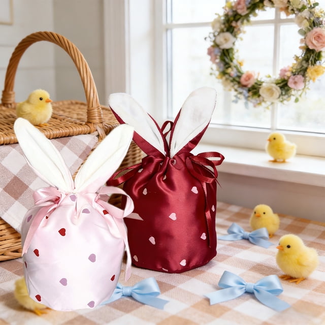 Bolsillo bolsillo para bolsa de regalo con cordón de oreja de conejo de Pascua • Bolsillo de corazón de satén • Organizador decorativo adorable para guardar regalos para fiestas navideñas