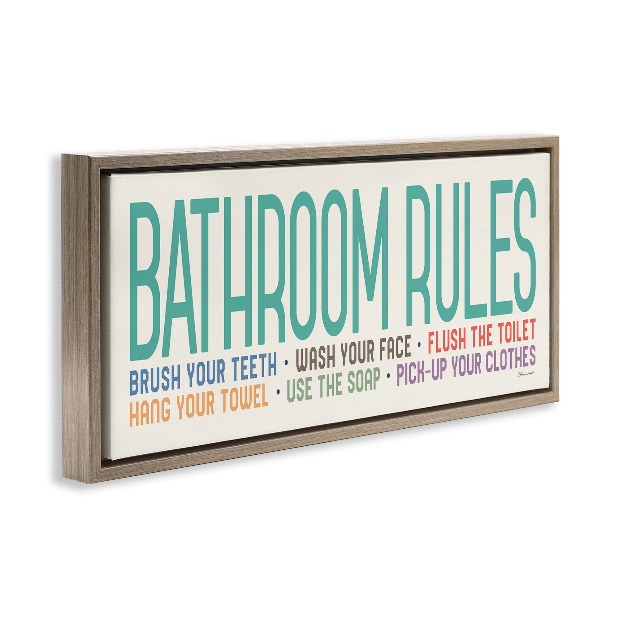 Stupell Industries Bathroom Rules with Teal Text Abstract Painting Brown Floater Framed Canvas Art Print Wall Art, 31 x 14