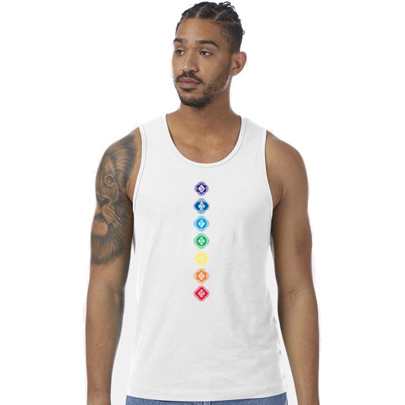 Mens 7 Diamond Chakras 100% Cotton Yoga Tank Top Shirt, Small White