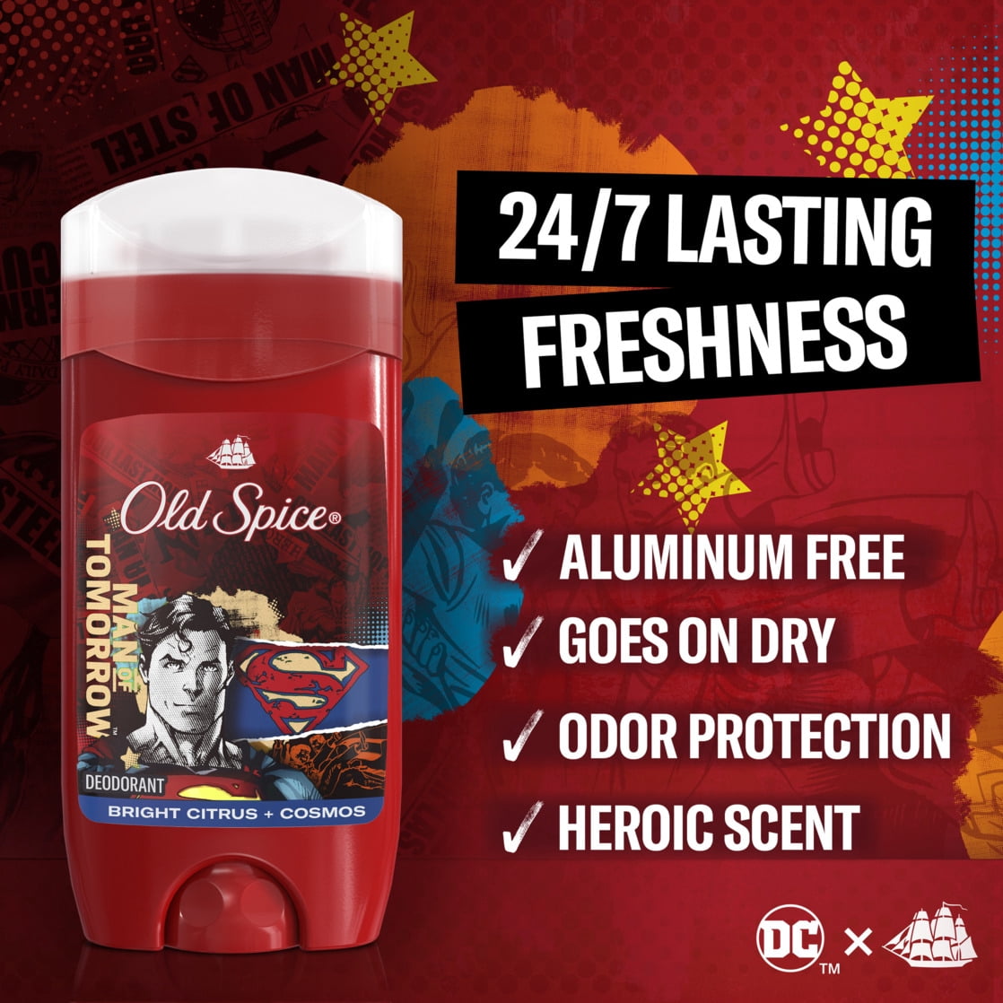 Old Spice Aluminum Free Deodorant for Men, 24/7 Freshness, Long Lasting Odor Protection, Smell Like a Hero, Superman, Bright Citrus and Cosmos Scent, 3oz
