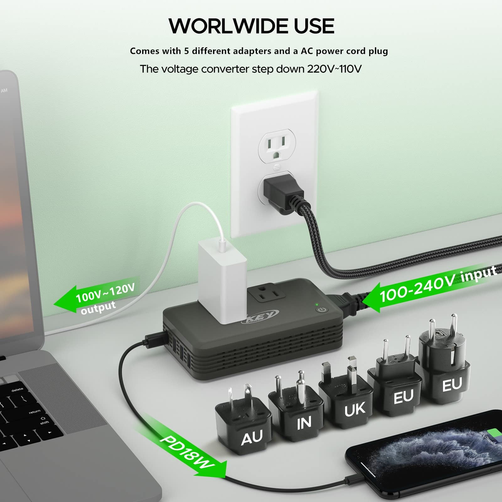 Key Power International Power Converter Travel Kit - 230w Voltage Converter 240V/220V to 120V/110V Travel Adapter Use for USA Appliance Hair Straightener, Overseas in Europe, Australia, UK, Italy