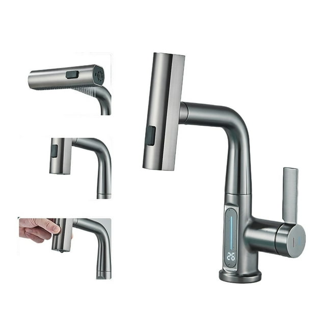 Temperature Digital Display Basin Faucet for Bathroom Pull Out Waterfall Stream 3 Way Sprayer