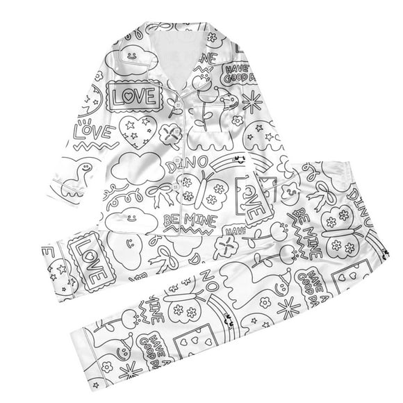 Hfolob Tenue de Fille Pyjama Imitation Soie Nouveau Ensemble Dessin à la Main Vêtements de Maison