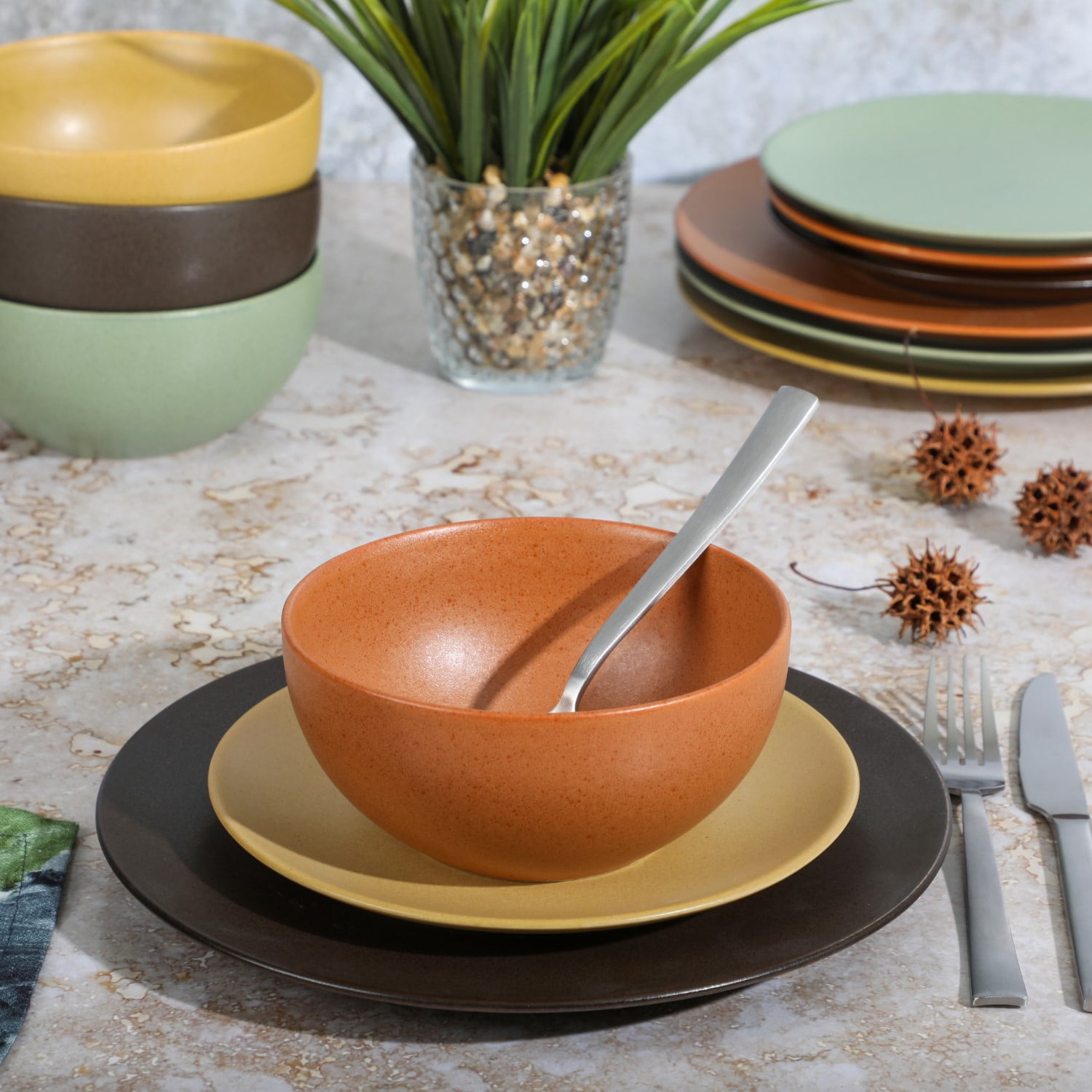 Gibson Elite Capetown Assorted Color Reactive Glaze Round Stoneware Dinnerware, Black, Yellow, Orange, Green