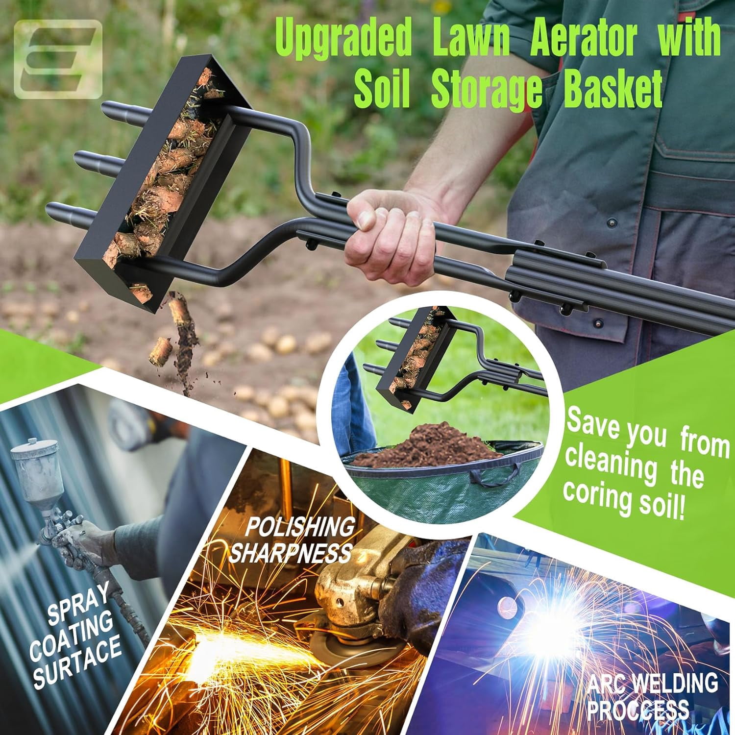 Lawn Aerator Coring Tool, Manual Aerator Lawn Tool with Soil Storage Basket, 3 Core Tines Yard Aeration Tools with Cleaning Tool, Plug Aerator for Compacted Soil & Lawn Care