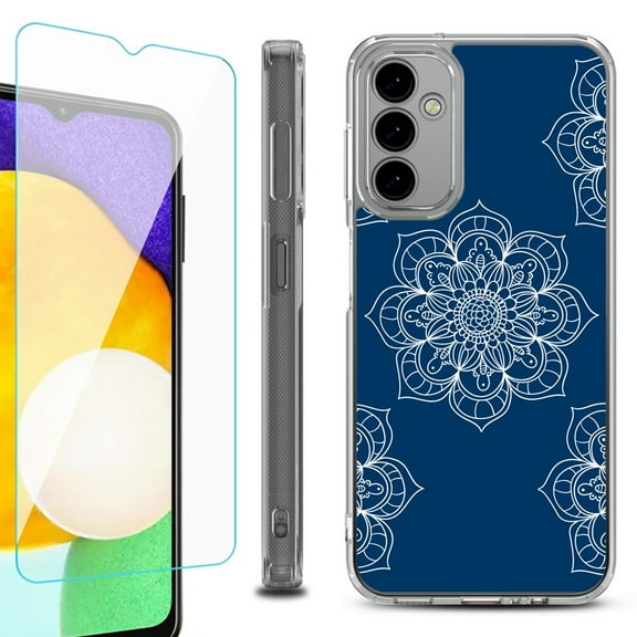 Shockproof Bumper Phone Case for Samsung Galaxy A14 5G, with Tempered Glass Screen Protector, by OneToughShield ® - Mandala / Blue