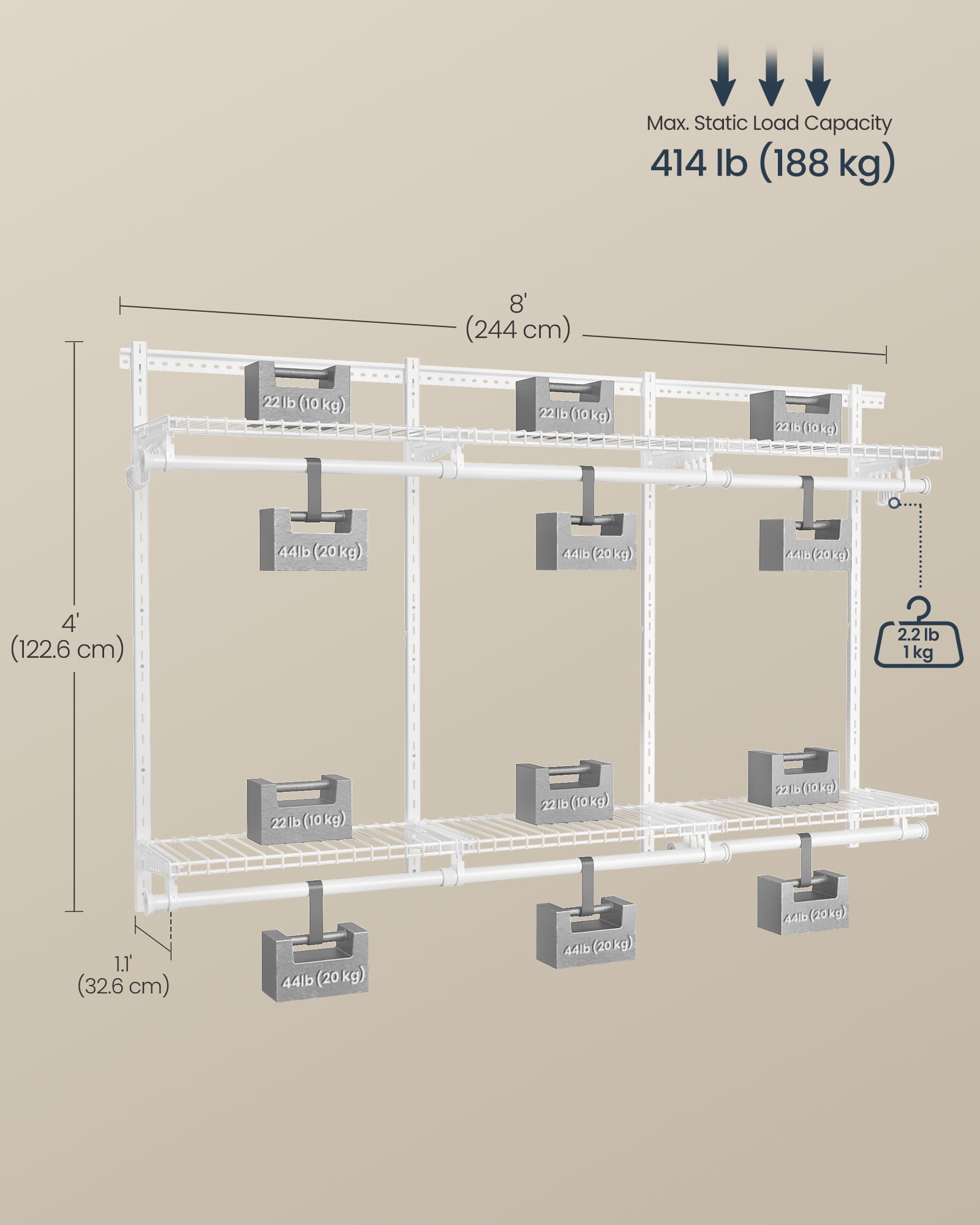 SONGMICS HOME Closet System, Closet Insert Organizer, 4-8 ft, Adjustable Metal Shelving Unit with 6 Hanging Rods, 6 Shelves, and Hooks, for Pantry Mudroom Garage Basement, Cloud White