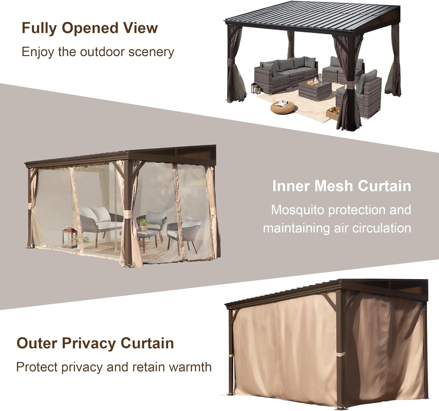 TOTAL Outdoor 8' x 12' Wall-Mounted Hardtop Gazebo with Galvanized Steel Roof, Aluminum Frame, Curtains and Netting,Ideal for Patio, Deck, Garden, and Backyard