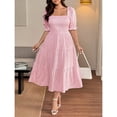 thumbnail image 3 of Pink Gingham Square Neck A-Line Midi Dress With Half Puff Sleeves Casual Summer, 3 of 8