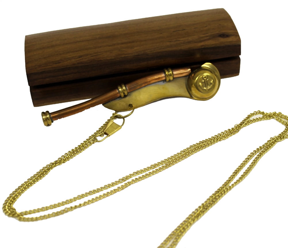 BRASS BOATSWAIN'S PIPE Wooden Box BOSUN WHISTLE