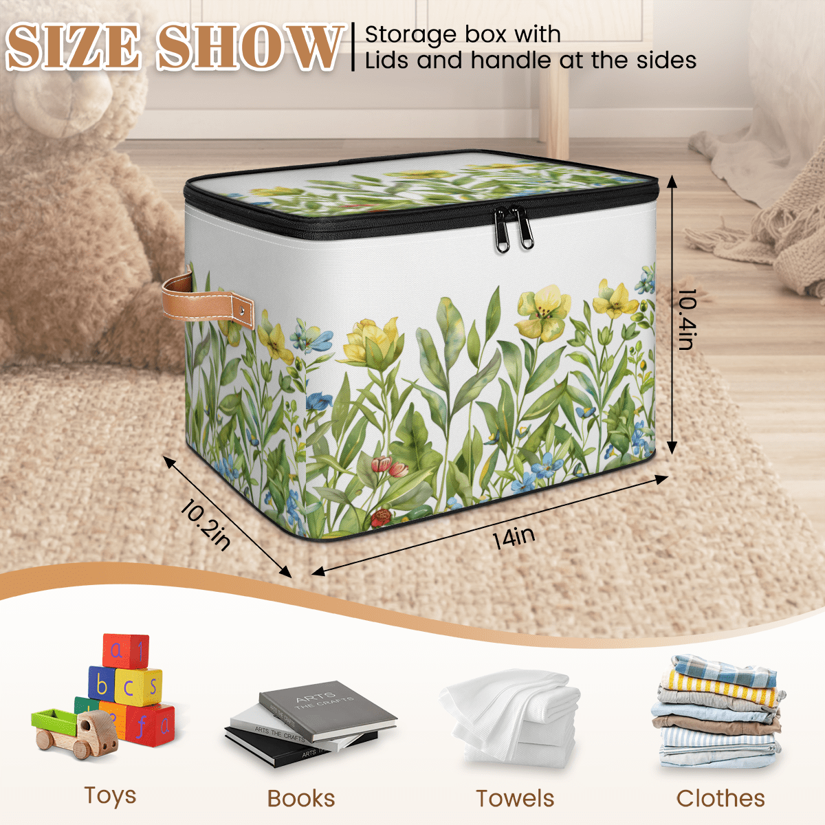 CURLYOOT Spring Floral Fabric Storage Bins with Lids, Watercolor Garden Flower Green Leaves Plants Foldable Storage Boxes Washable Storage Cube, Closet Bedroom Home Organizer Containers