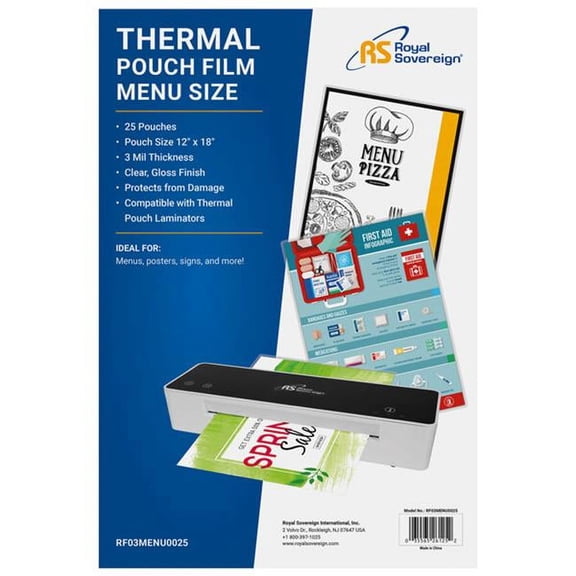 Royal Sovereign, Thermal Laminating Pouches, 3 Mil, Menu Size 18 x 12 x 0.1 Inches, Clear Gloss, 25 Pouches (RF03MENU0025)