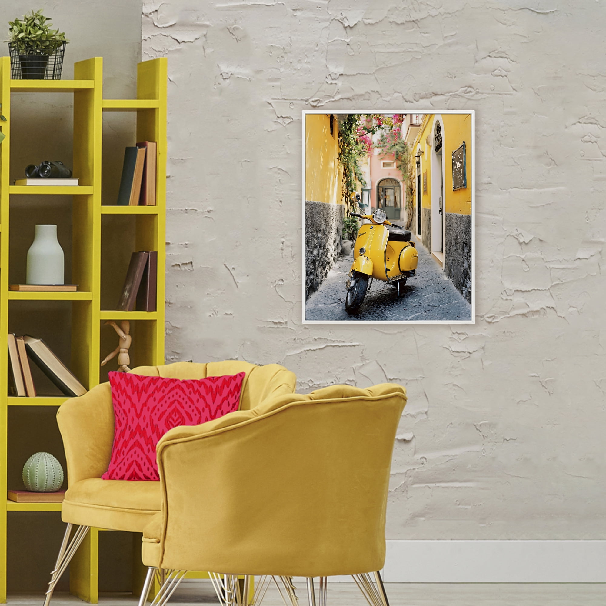 Stupell Industries Yellow Moped in Alley White Framed Giclee Art, design by Franklyn Gregory