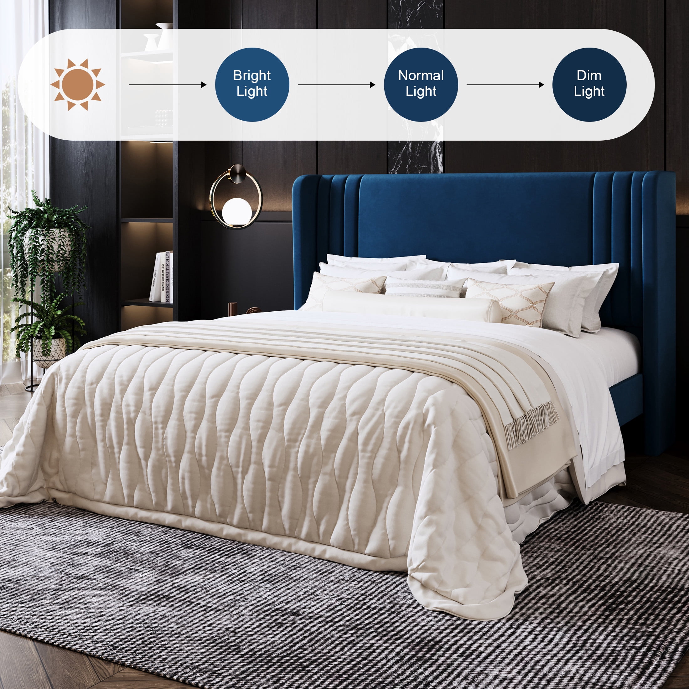 Amolife Full Size Bed Frame, Velvet Platform Bed with Upholstered Wingback Headboard, No Box Spring Needed, Blue