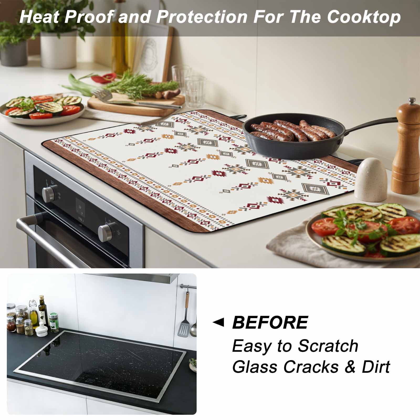 Southwest Geometric Stove Top Cover for Electric Stove, Heat-proof & Non Slip Glass Top Stove Cover Protector, Western Boho Beige Grey Rustic Wooden Kitchen Flat Cooktop Rubber Mat 24x21 Inches