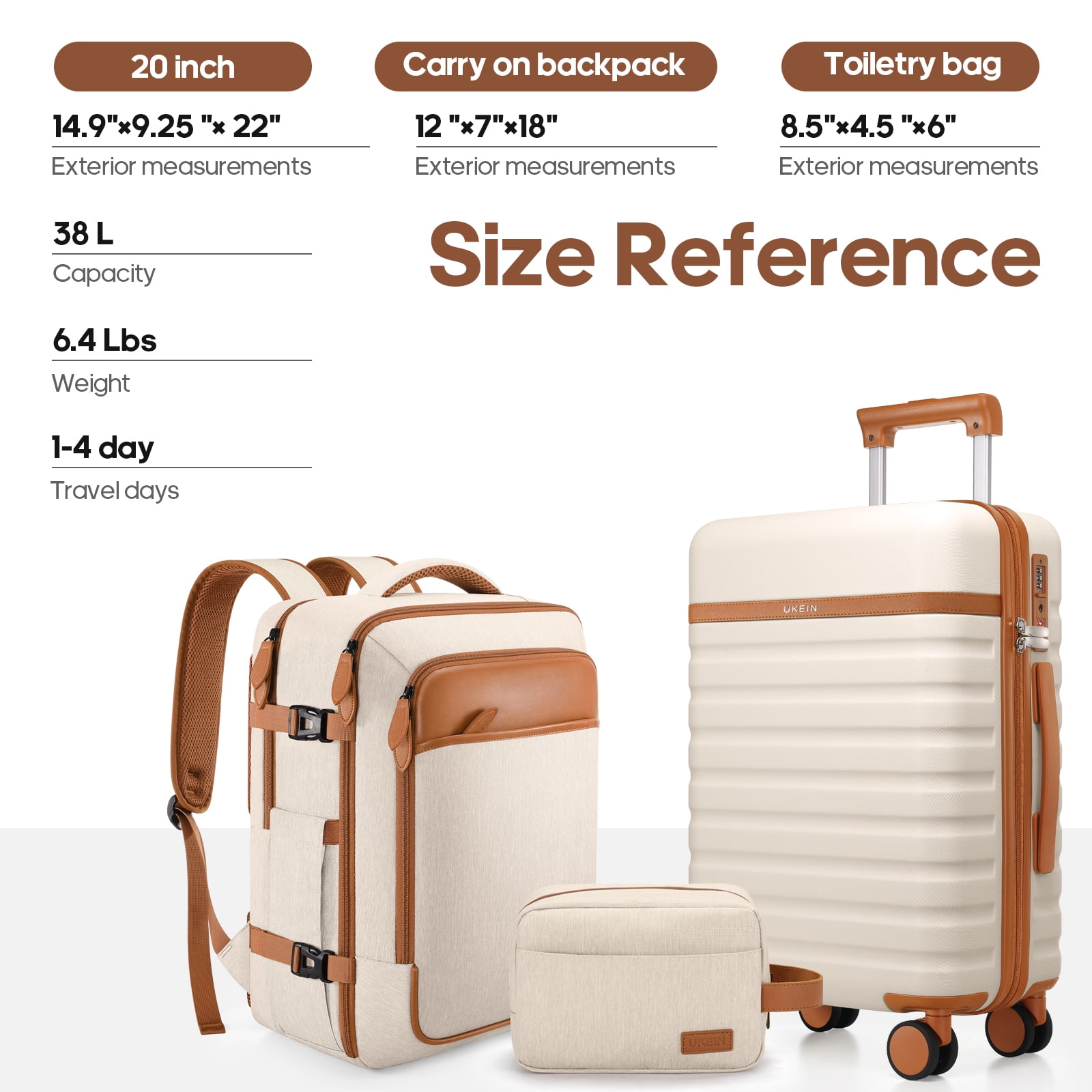 UKEIN Luggage Sets 3 Piece, Carry On Luggage with Wheels, 20 Inch Hardshell Suitcase with TSA Lock, 100% PC Carry On Suitcases Airline Approved With Travel Backpack for Men Women